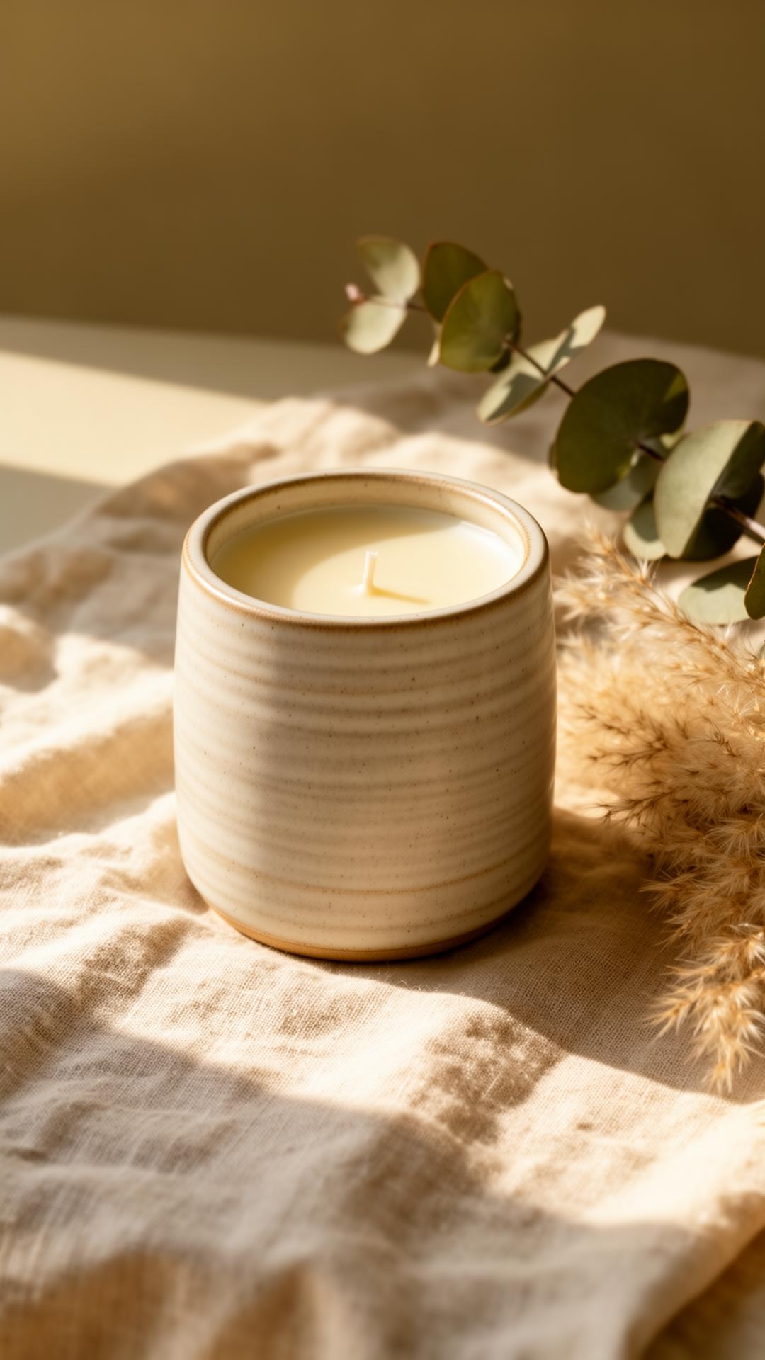 Nến thơm handmade Tú Nến Thơm trên nền vải linen với cỏ khô